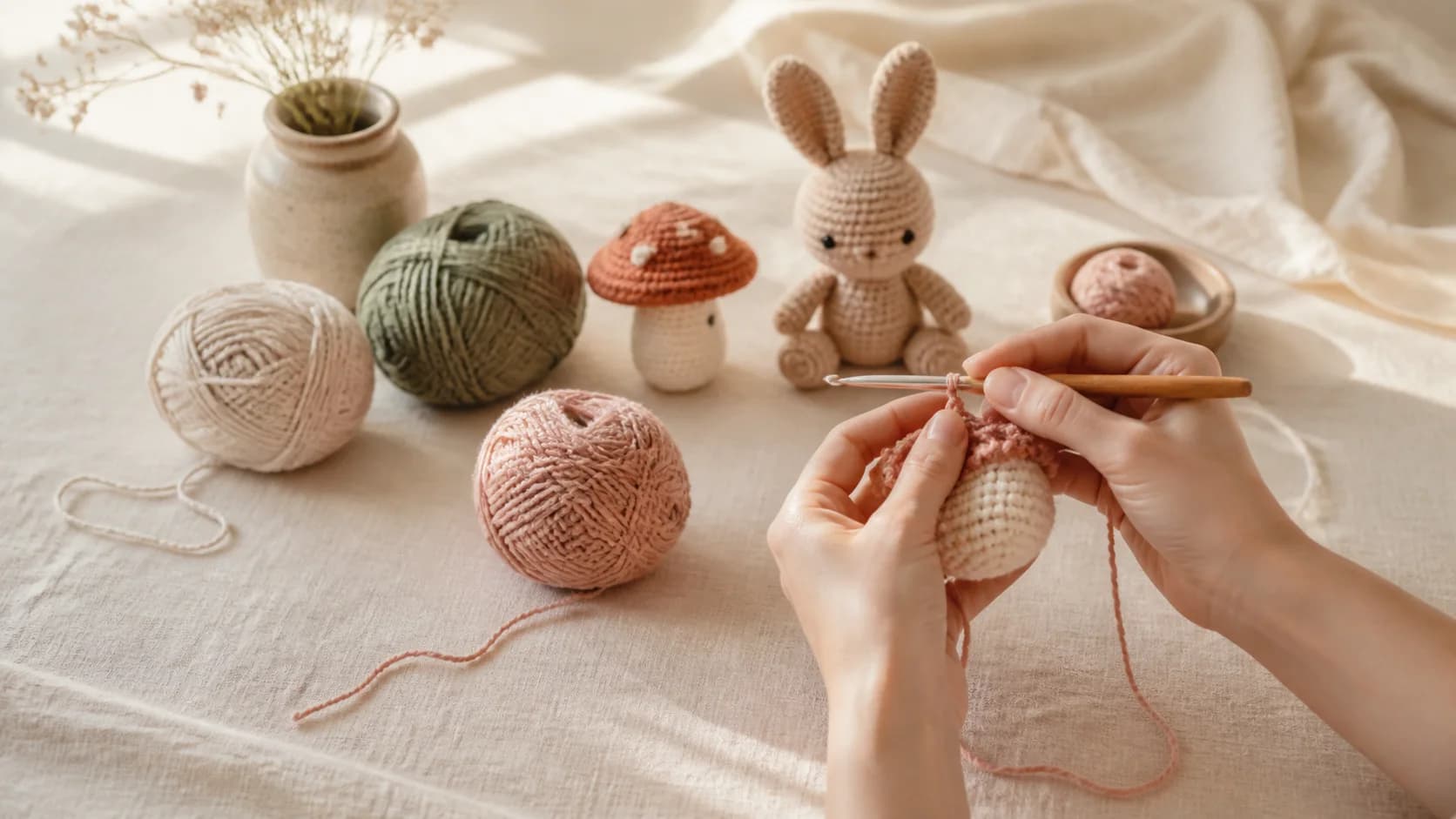 A warm crochet workspace with yarn, a crochet hook, and handmade amigurumi