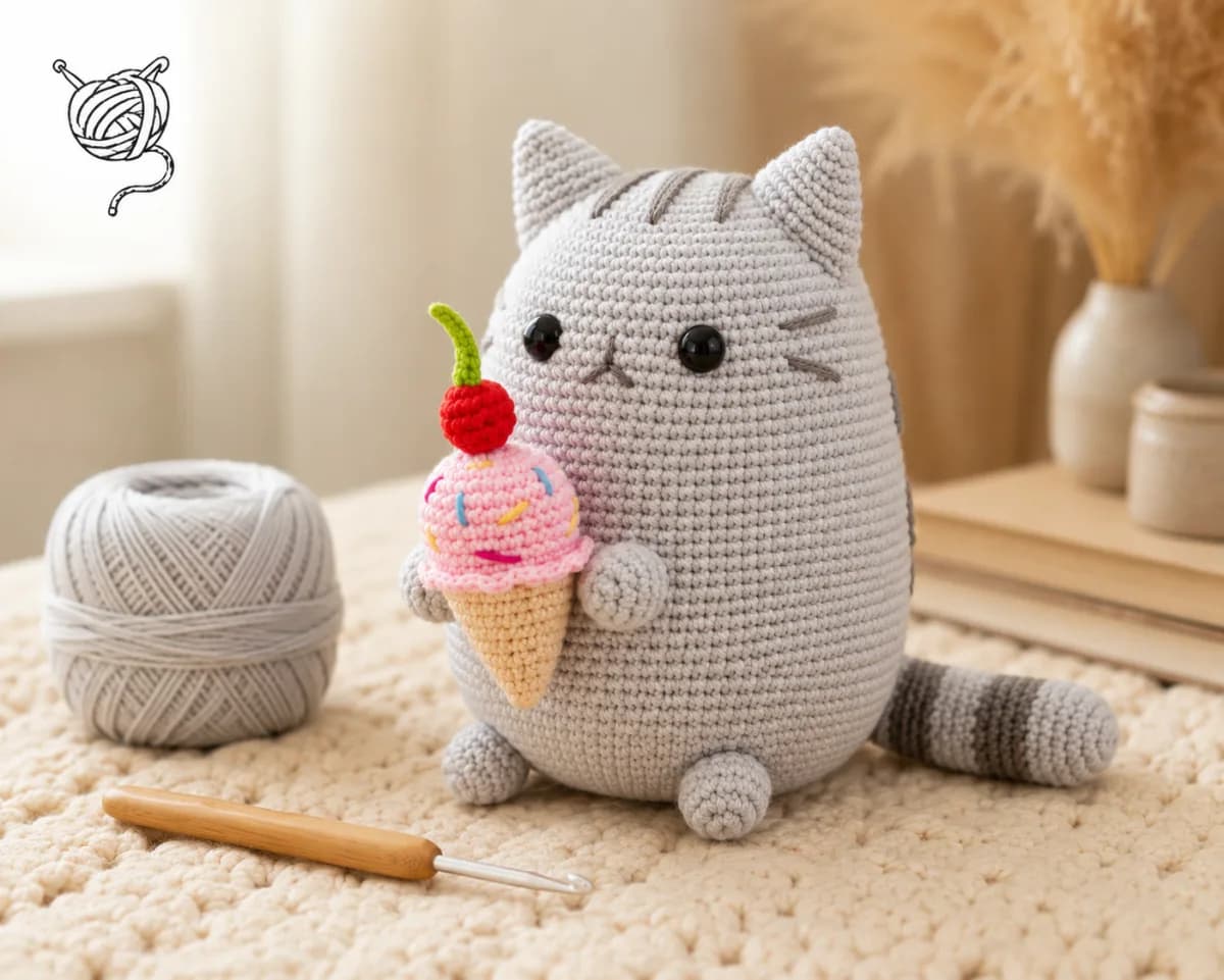 Grey Cat with Ice Cream crochet pattern project